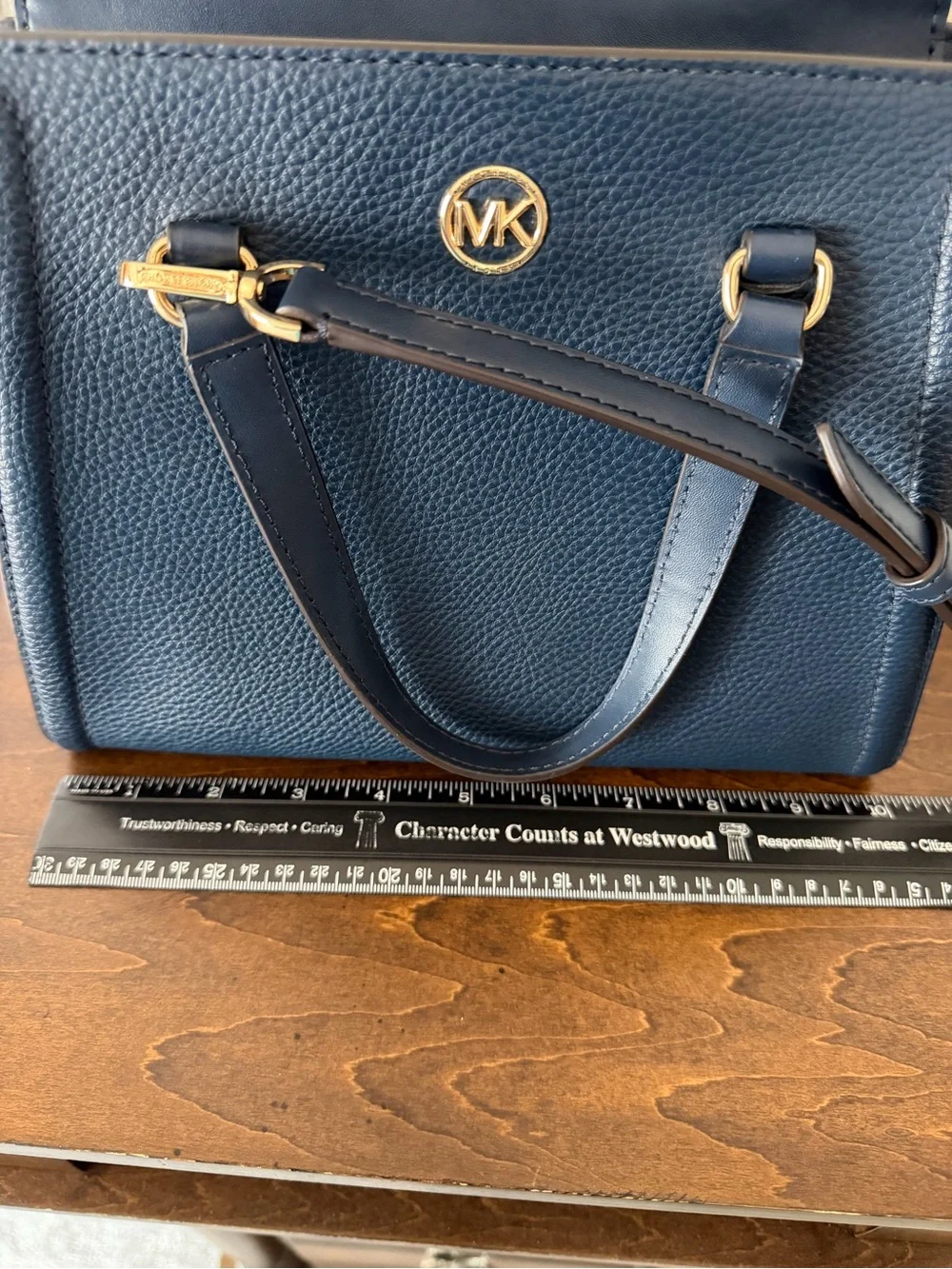 Michael Kors Navy Pebbled Leather Satchel with Gold Hardware